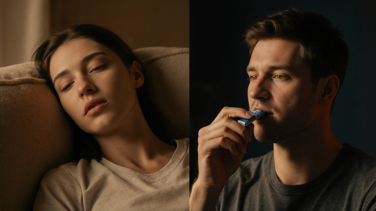 Dva lidé reagují různě na 25 mg CBD – jeden ospalý, druhý uvolněný.