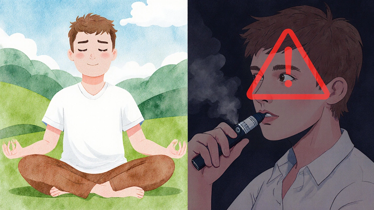 Dvě strany jedné scény: meditace v slunci proti užívání vape ve stínu.