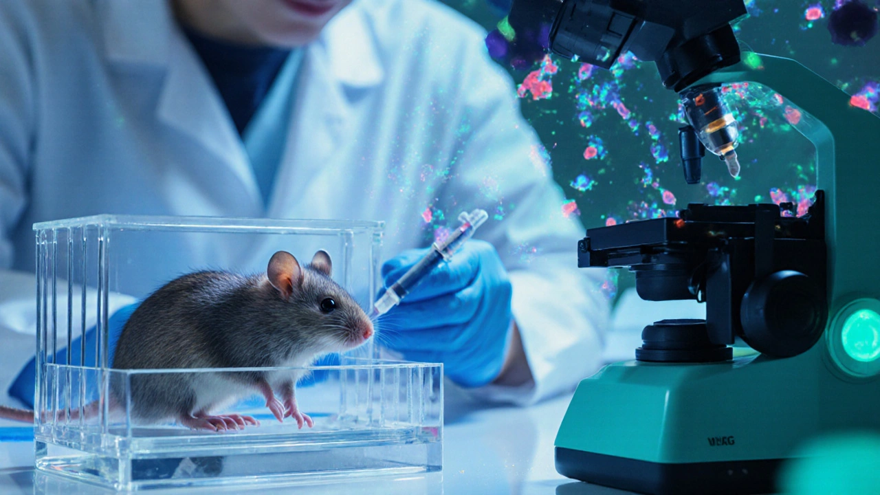 Laboratorní scéna s myší a mikroskopickými buňkami ukazujícími serotonin.
