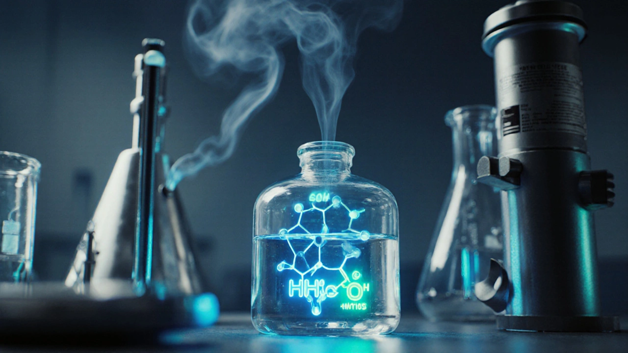 Modrá HHC‑O molekula s výraznou –OH skupinou v laboratoři.