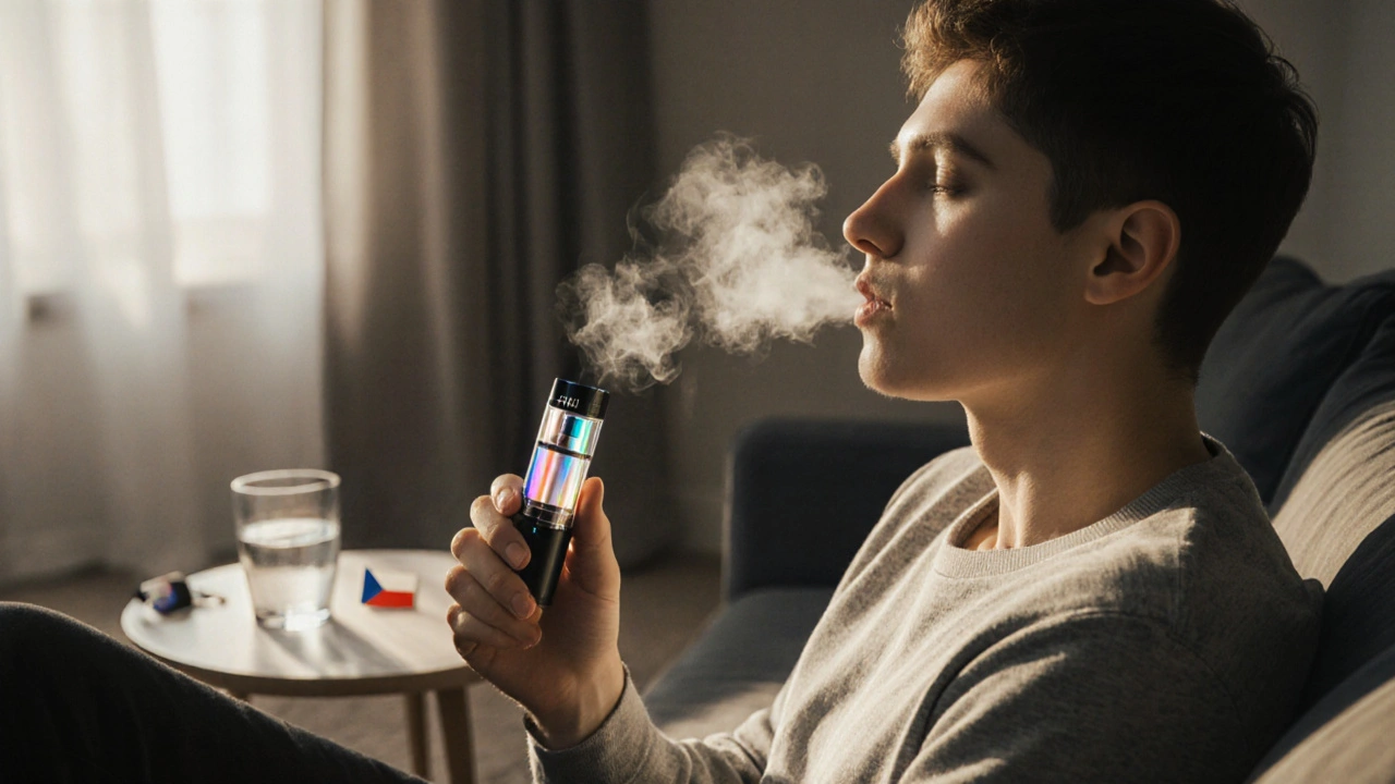 Osoba používá H4CBD vape v útulném interiéru, vydechuje obláček vapingu.