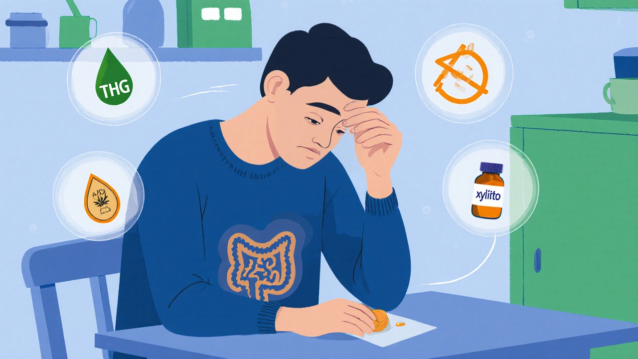 Osoba u stolu s únavou a bolestí žaludku, kolem ní ikony THC, alergenu a lékové interakce.