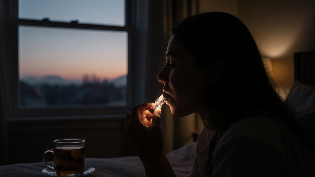 Osoba ukládá CBD krystaly pod jazyk v klidné ložnici ve večerním světle.