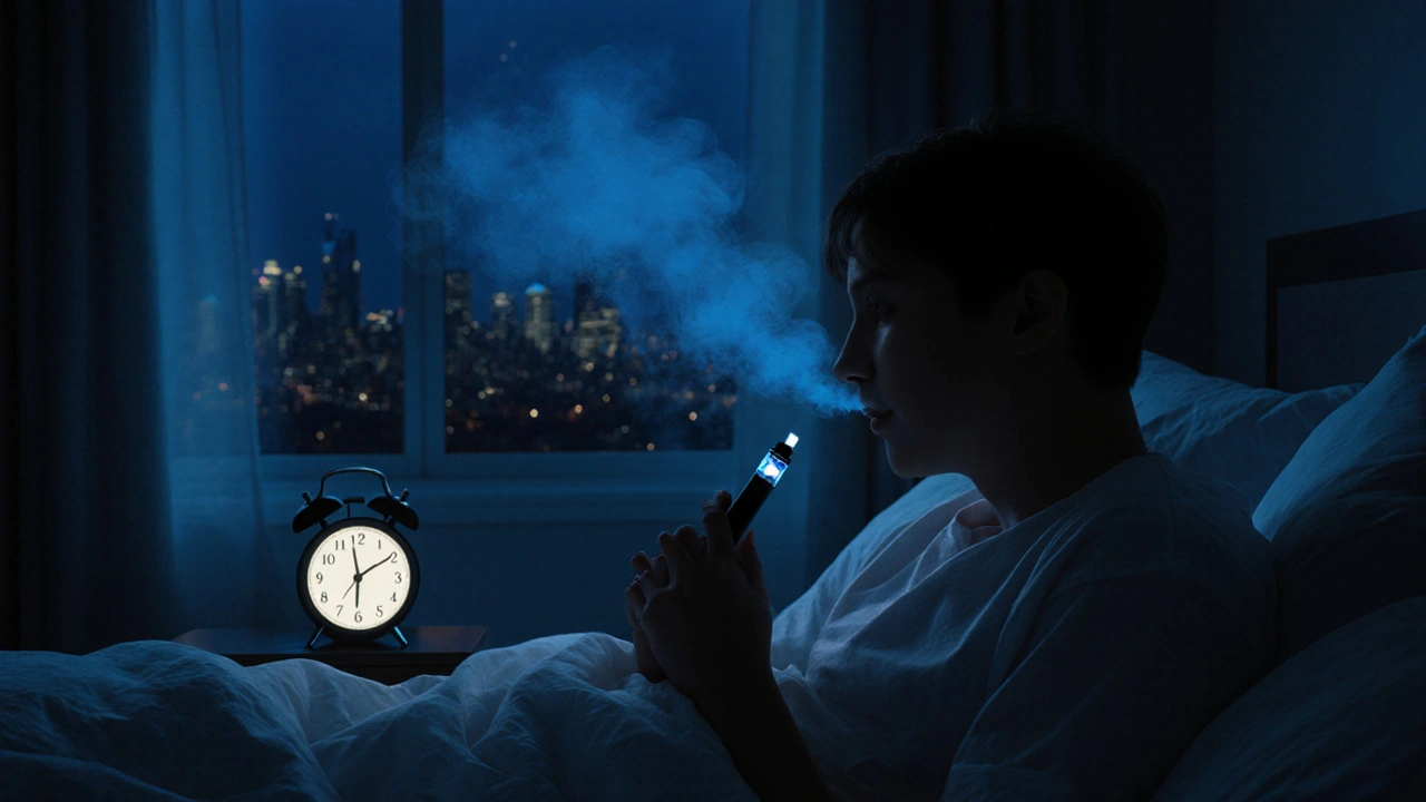 Osoba v nočním pokoji užívá vape, světlo hodinek osvětluje její tvář v tiché noci.