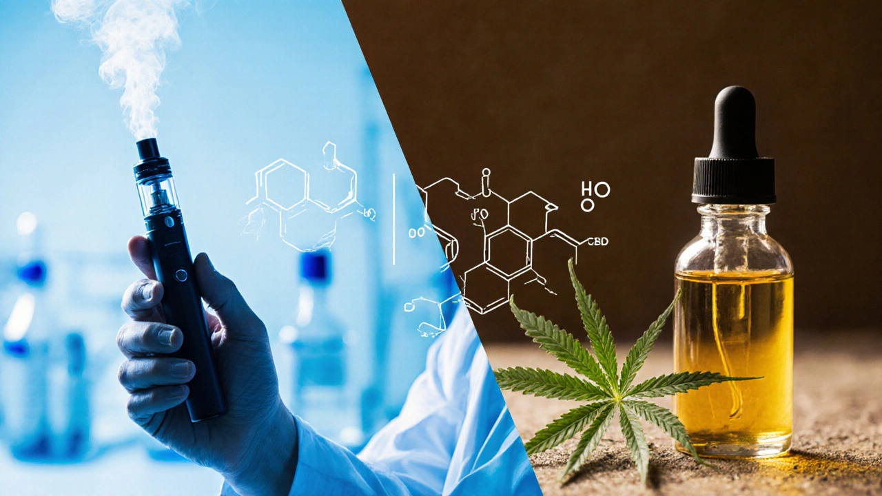 Rozdělený obrázek: vaporizer s Delta‑8 a láhev CBD oleje s listem konopí.