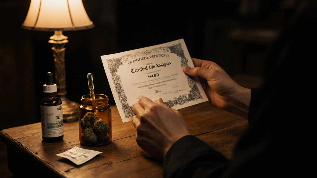 Ruce drží certifikát laboratoře, skleněnou nádobu H4CBD květů a kapátko s CBD.
