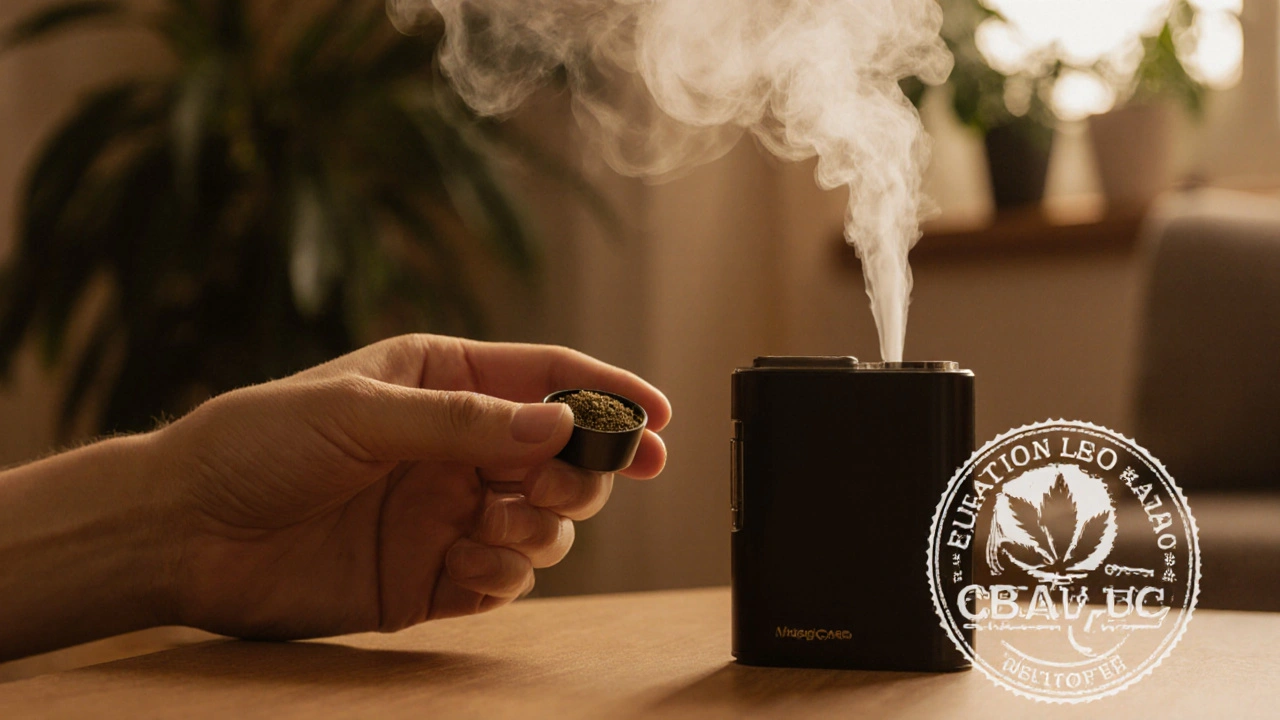 Ruka drží dávku CBD květů vedle vaporizéru a COA pečetě.