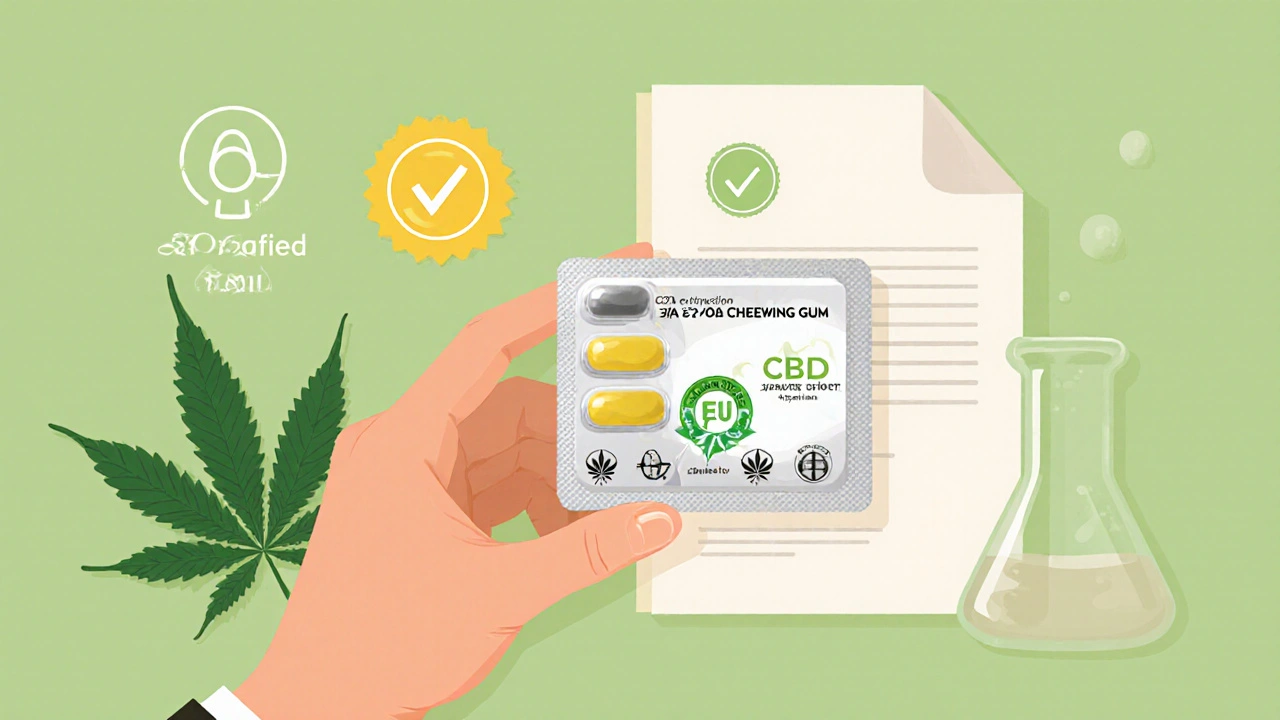 Ruka otevírá balení CBD žvýkaček s označením CO2 extrakce, EU konopí a certifikátem COA.