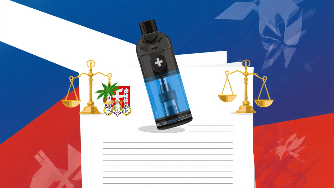 Symbolické zobrazení české legality HHC s kartridžem a váhami spravedlnosti.