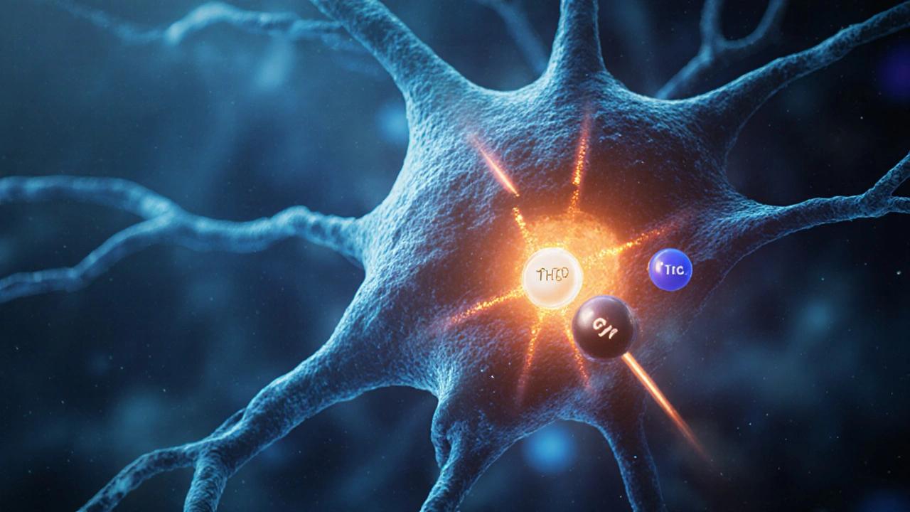 THCP zapadne hluboko do receptoru CB1 ve 3D řezu neuronu, vedle THC.