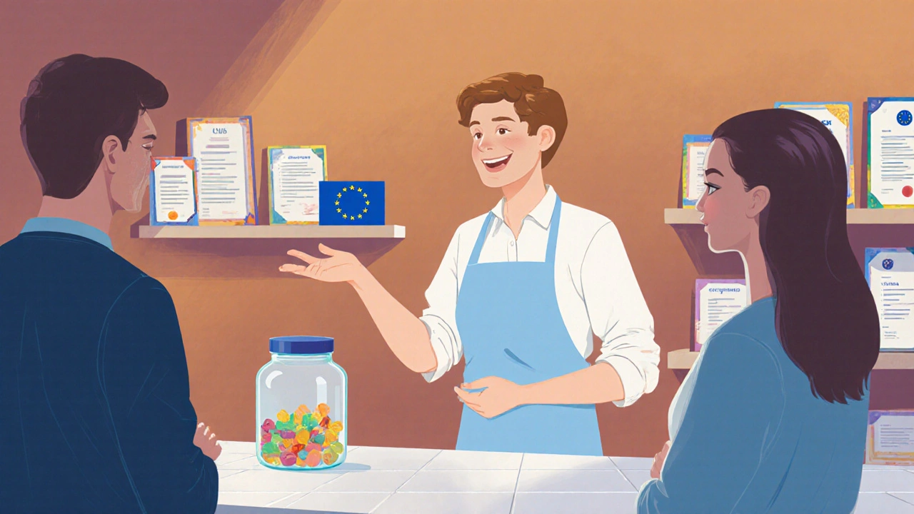 V moderní lékárně český zákazník diskutuje s prodavačem o CBD gummies.