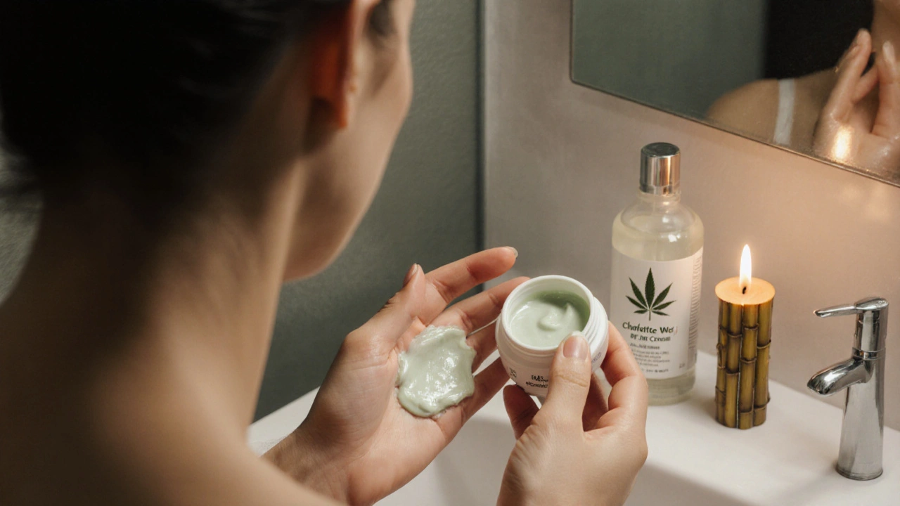 Žena nanáší CBD krém Charlotte’s Web ve spa atmosféře.