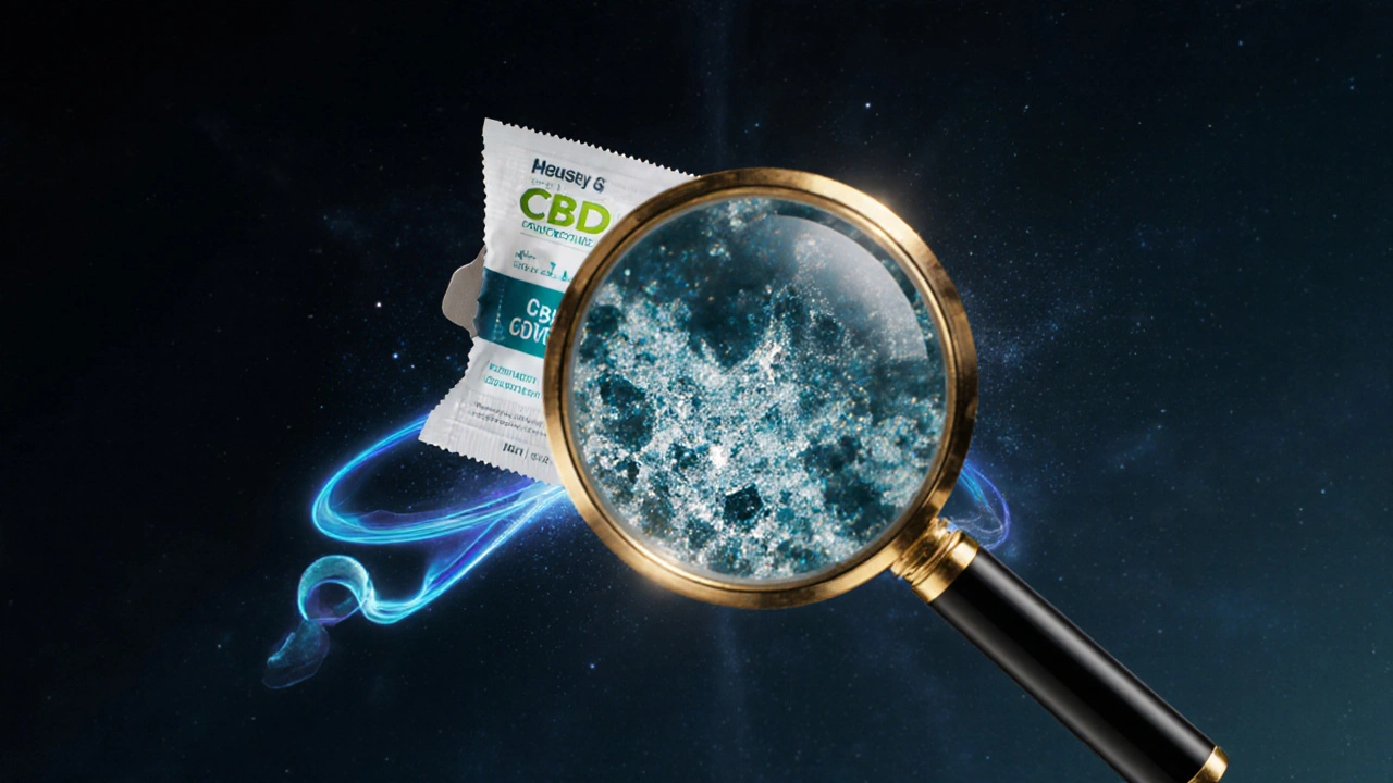 Zvětšený pohled na CBD v žvýkátku s vlnami účinku v prostředí.