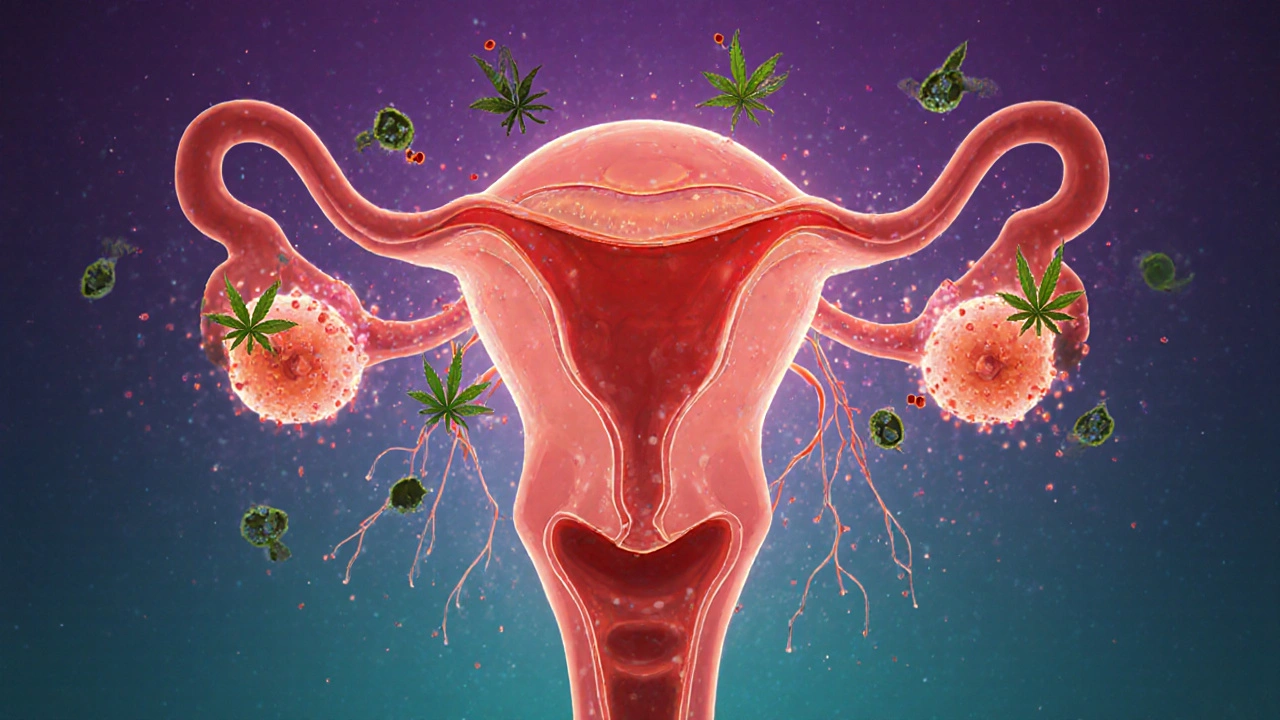 Abstraktní ilustrace prostaty s CBD molekulami vázajícími se na imunitní receptory.