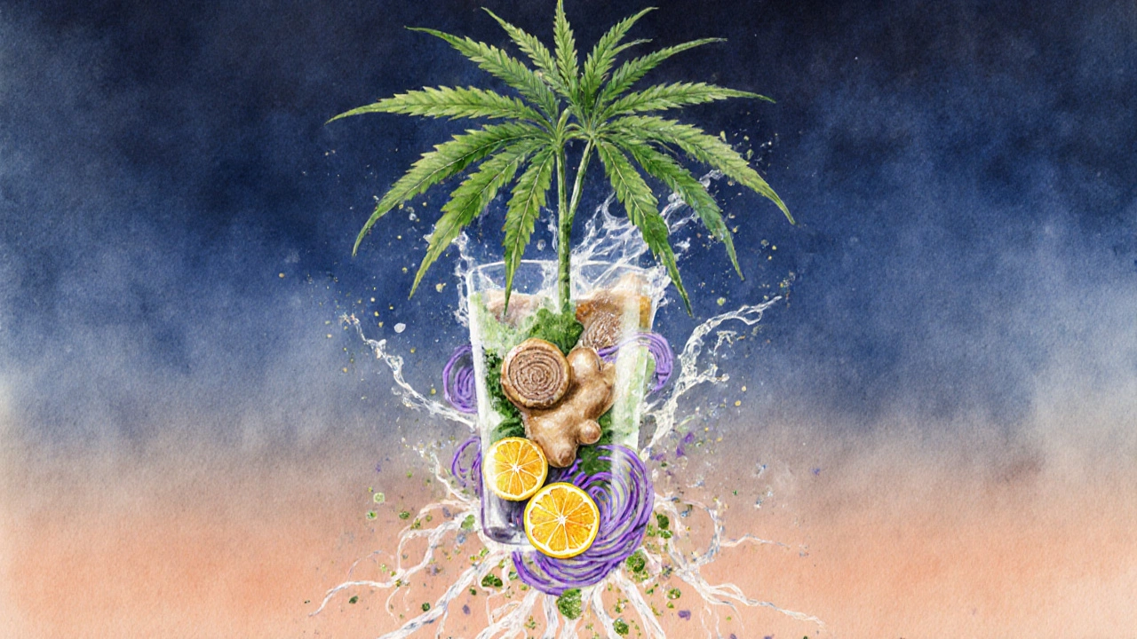 Abstraktní vodová barva znázorňující harmonii konopí, citrusu a kořenin v nápoji.