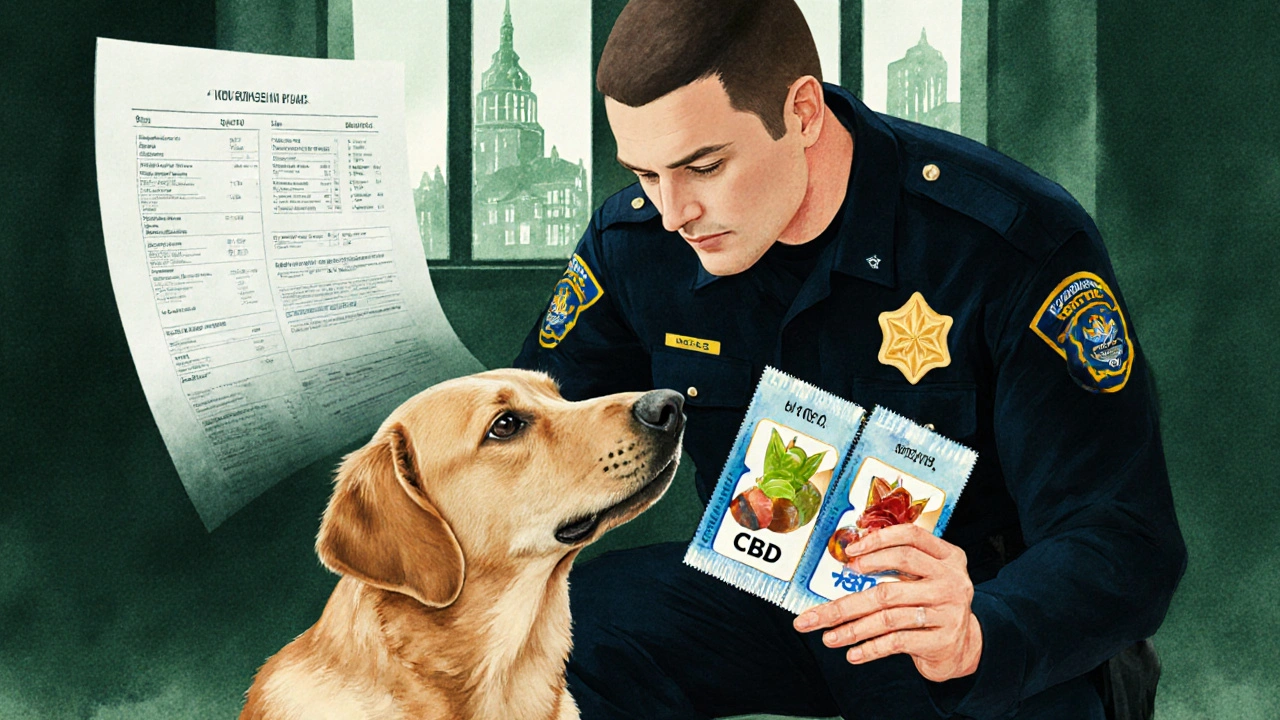 Dog reacts to Delta 8 gummies while ignoring CBD gummies, trainer nearby.