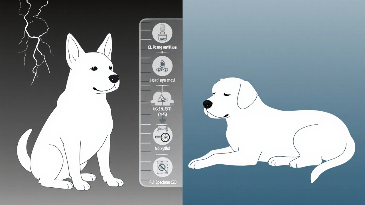 Dva pohledy na psa: napjatý během bouřky a klidný po pravidelném užívání CBD.