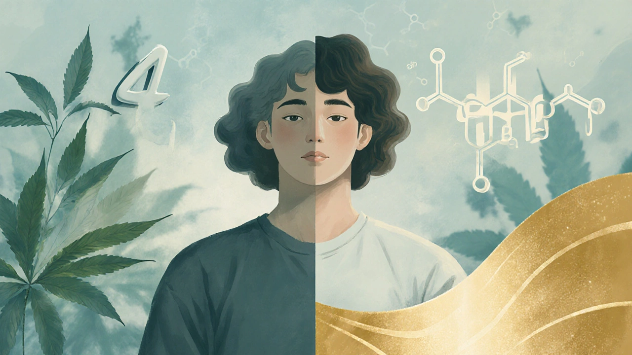 Dvě části postavy symbolizující klidný účinek H4 a mírnější euforii HHC.