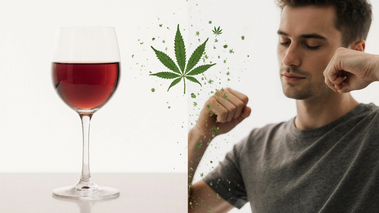 Dvě scény vedle sebe: napjatý člověk s běžným vínem a uvolněný člověk s CBD vínem.