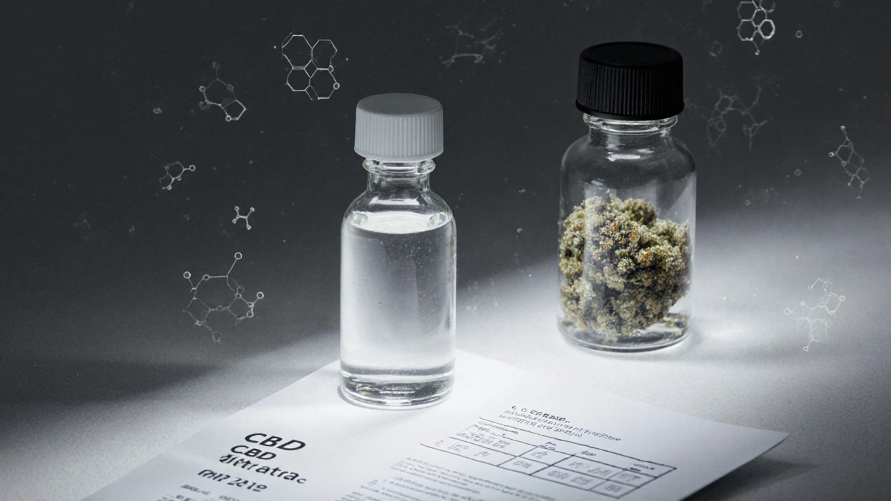 Dvě skleničky s CBD olejem – izolát a celá rostlina – vedle laboratorního výsledku.