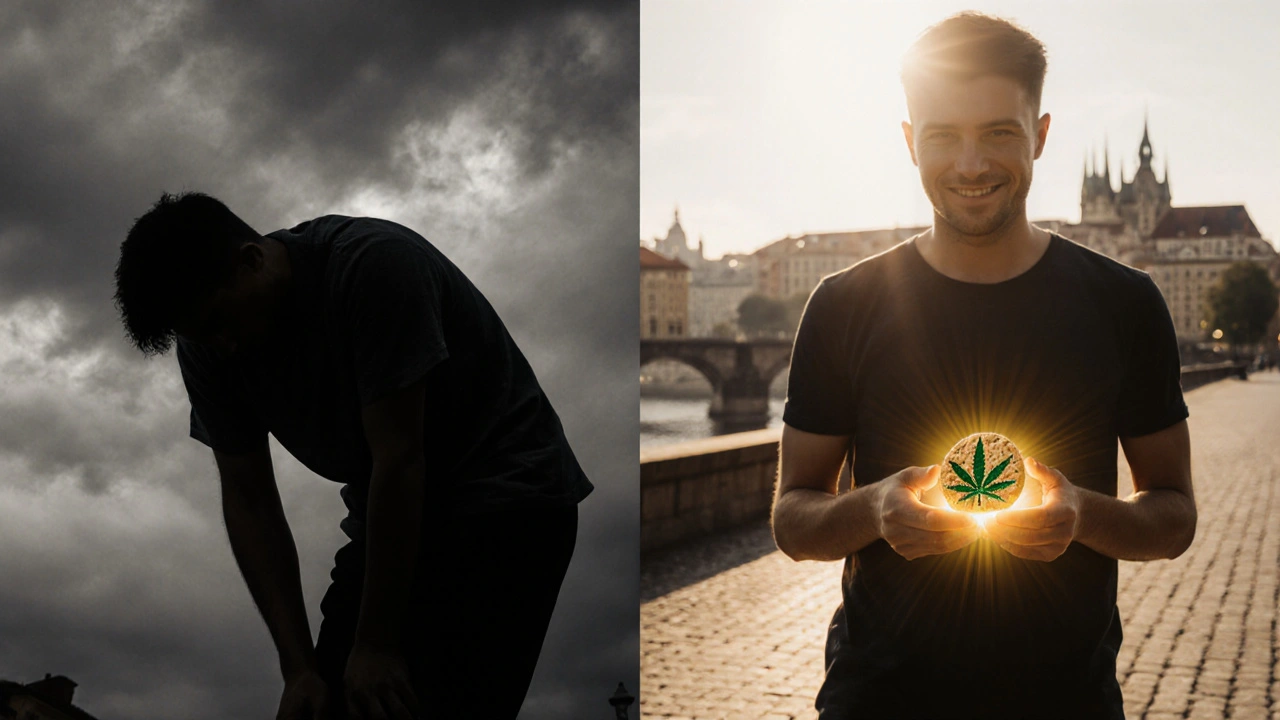 Dvě strany stejné osoby: jedna v bolesti, druhá v klidu s CBD sušenkou.