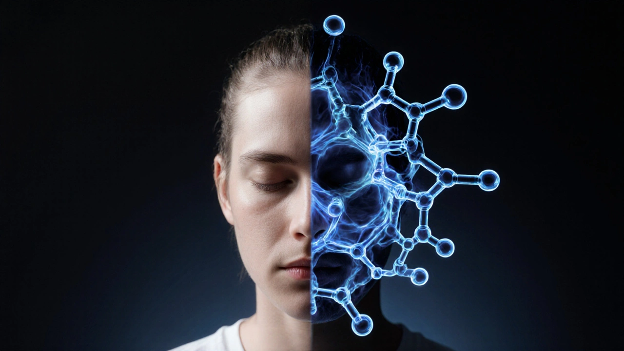 Dvojité expozice: klidná osoba s molekulárními strukturami HHC a delta-8 v pozadí.