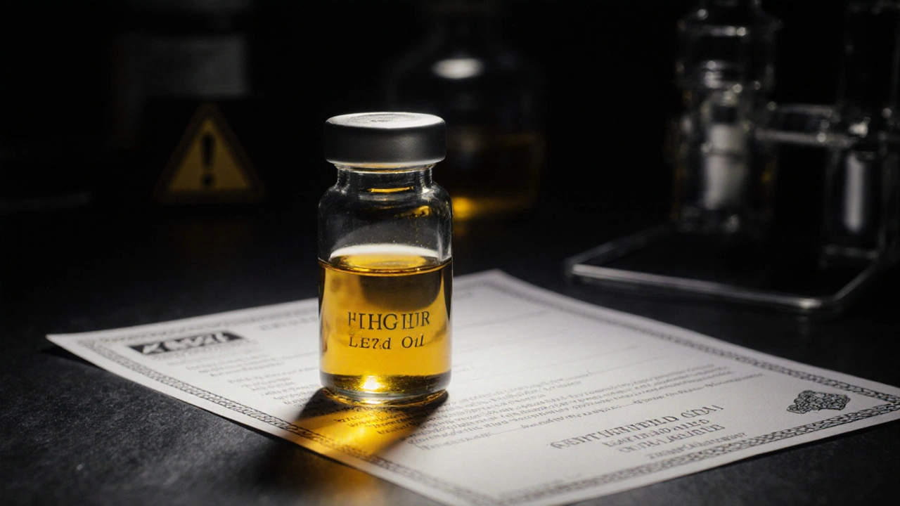 Glass vial of HHC oil on lab bench with blurred certification document.