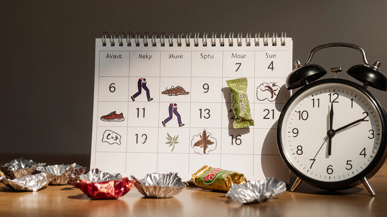 Kalendář s označenými dny chůze, spánku a jednou konopnou sladkostí jako odměnou.