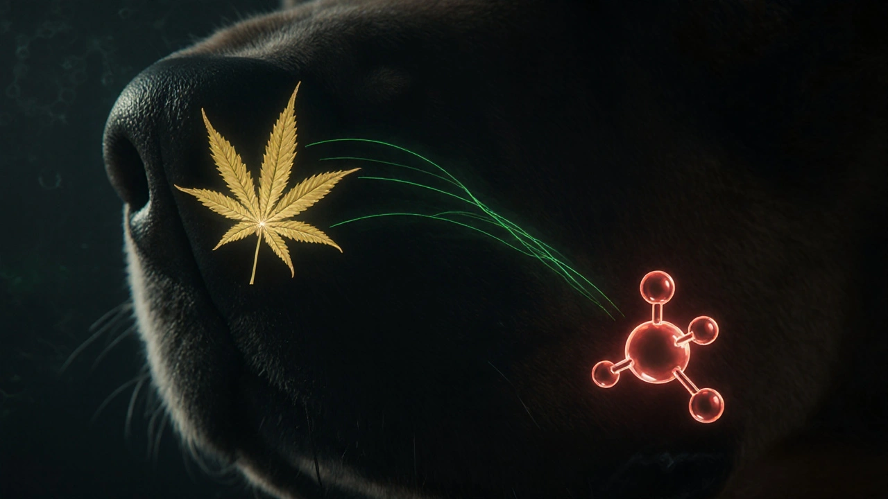 Koncepční obraz psího nosu s vizualizací vůní, které vedou k čistému CBD květu a skrytému THC molekule.