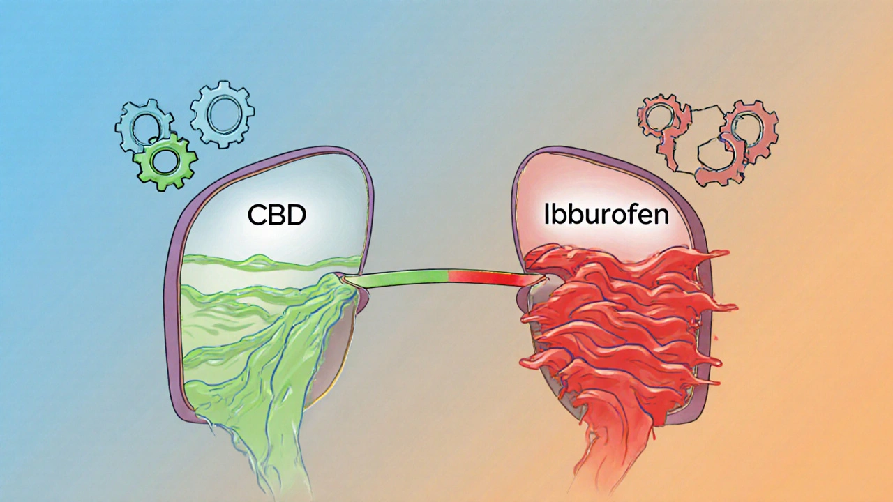 Konceptuální obrázek jater s interagujícími proudy CBD a ibuprofenu.