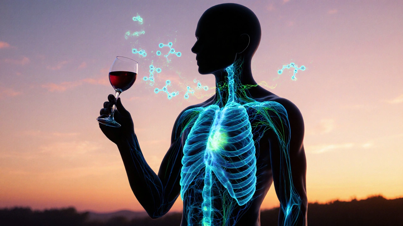 Kontur člověka s průsvitnými molekulami CBD proudícími tělem ve včerejším světle.