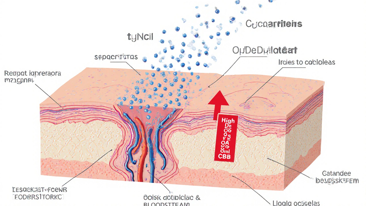 Křížový řez kůže s molekulami CBG vstupujícími do epidermis, minimálně do krevního oběhu.