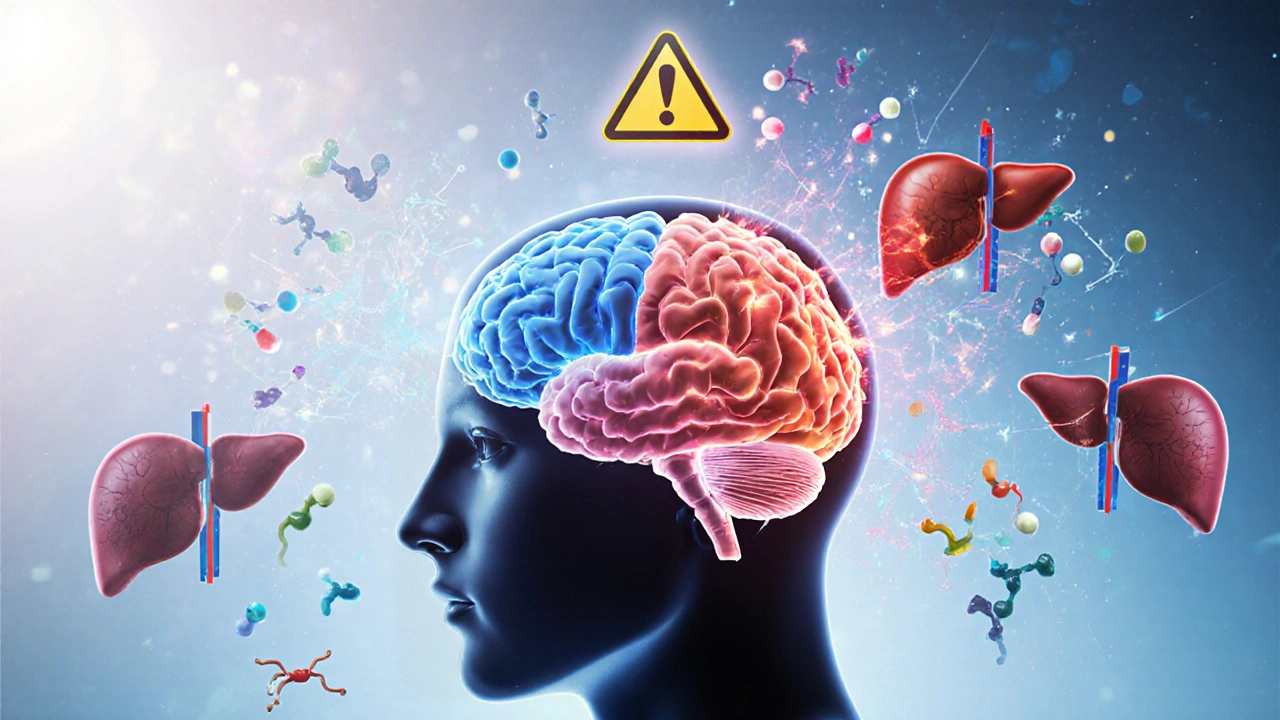 Křížový řez mozku s kontrastem klidné a příliš aktivní části, propojený s jaterními enzymy a léky.