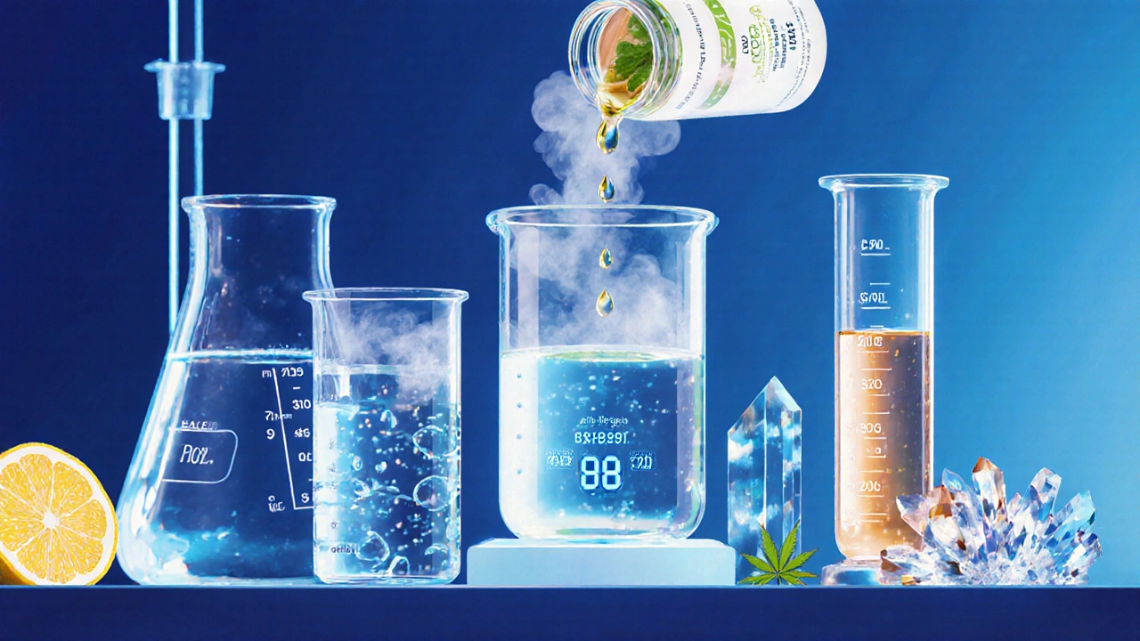 Laboratorní míchání terpenů a CBD výtažku při nízké teplotě s elektrolyty.