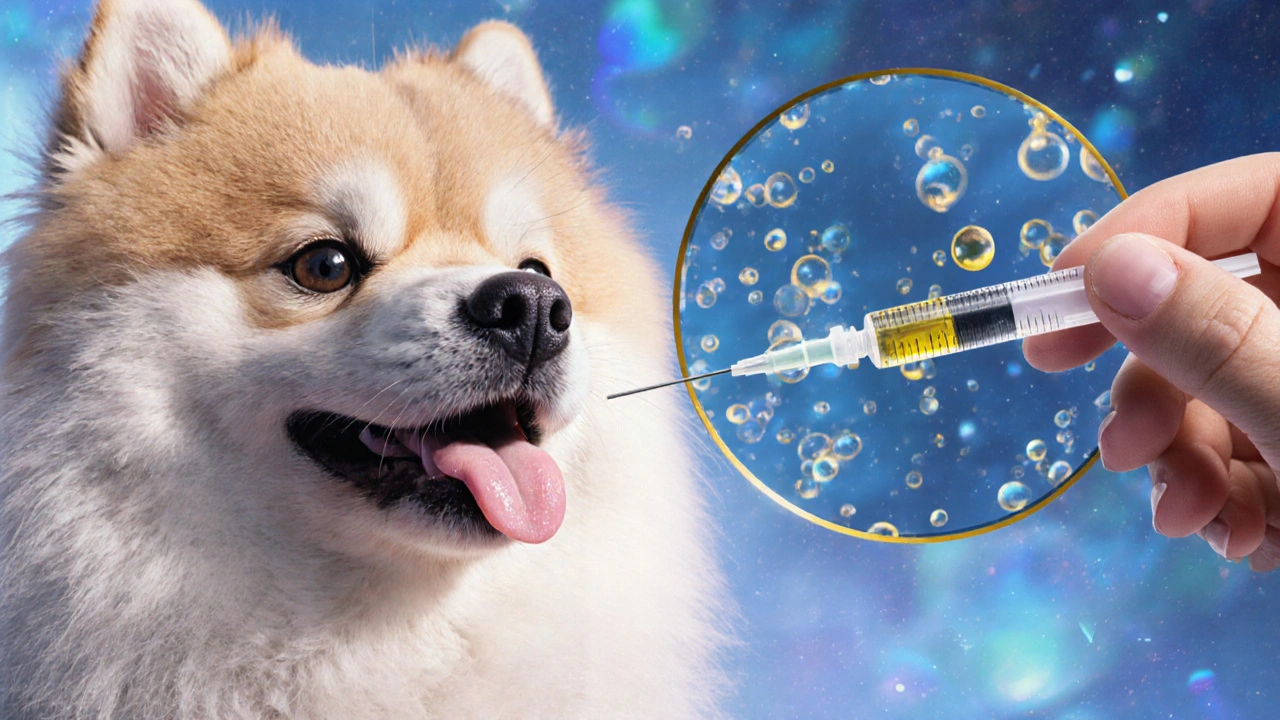 Malý pes přijímá malou dávku CBD pomocí mikrostříkačky.