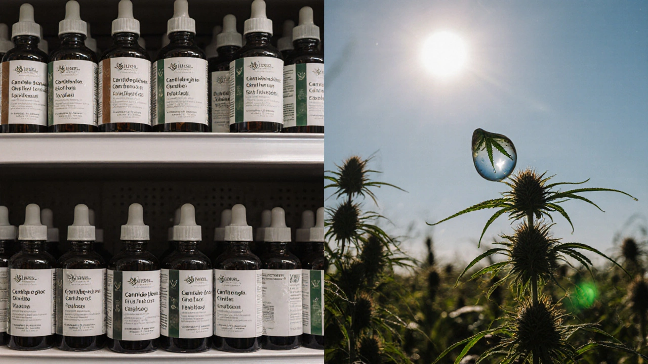 Moderní lékárna s konopnými oleji a divoké konopí v polích – symbol legálního a tradičního přístupu.