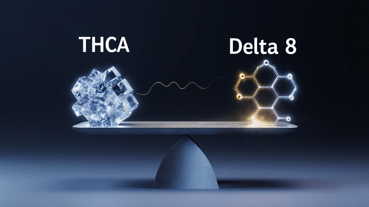 Molekulární váha s neaktivním THCA a aktivním Delta 8, teplová vlna přeměňuje THCA na THC.