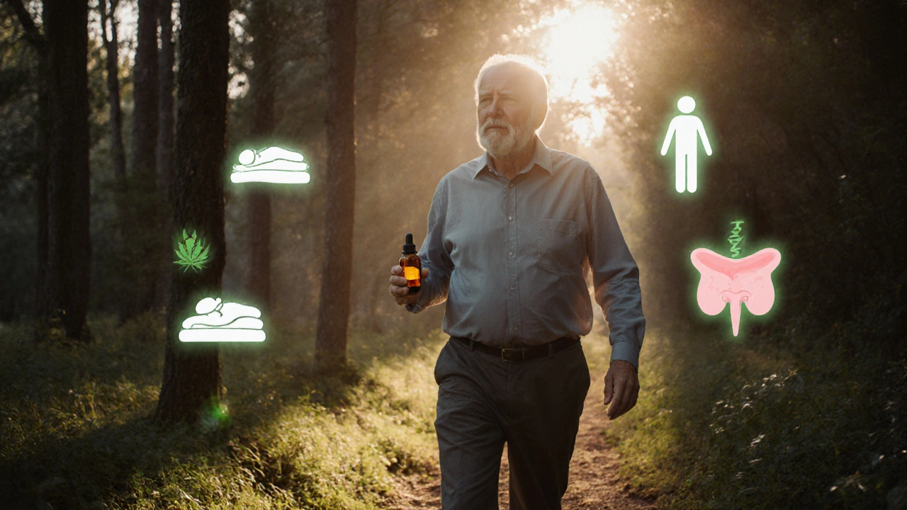 Muž prochází lesem v ranním světle, v ruce má lahvičku CBD oleje.