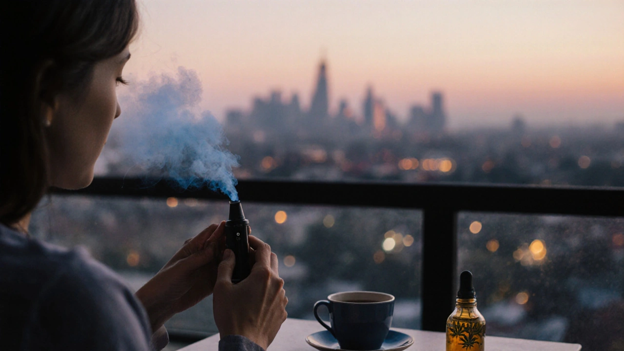 Osoba kouří CBD vůně večer na balkoně, vedle ní olej a čaj, tichá atmosféra.