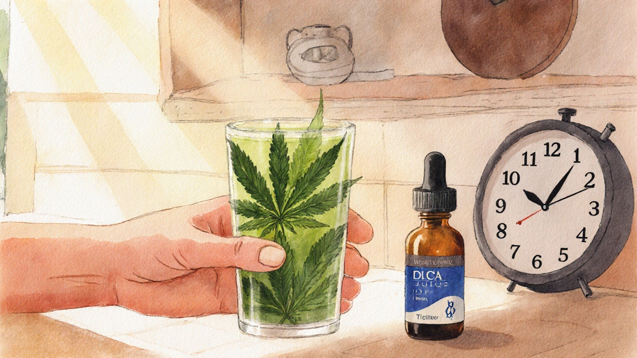 Osoba pije zelenou šťávu z konopí a drží lahvičku Delta 8, slunce osvětluje kuchyňský stolek.