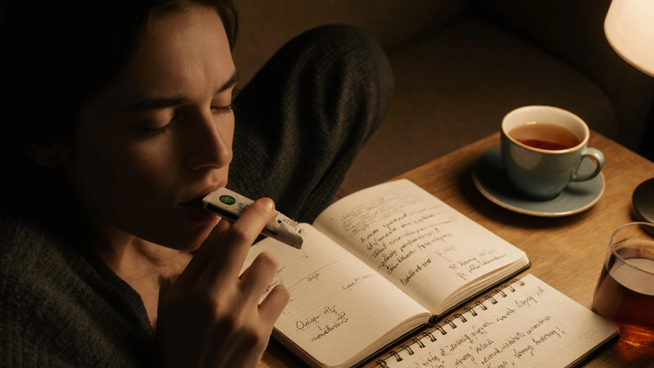 Osoba relaxuje večer, žvýká konopnou žvýkačku a zapisuje si účinky do deníku.