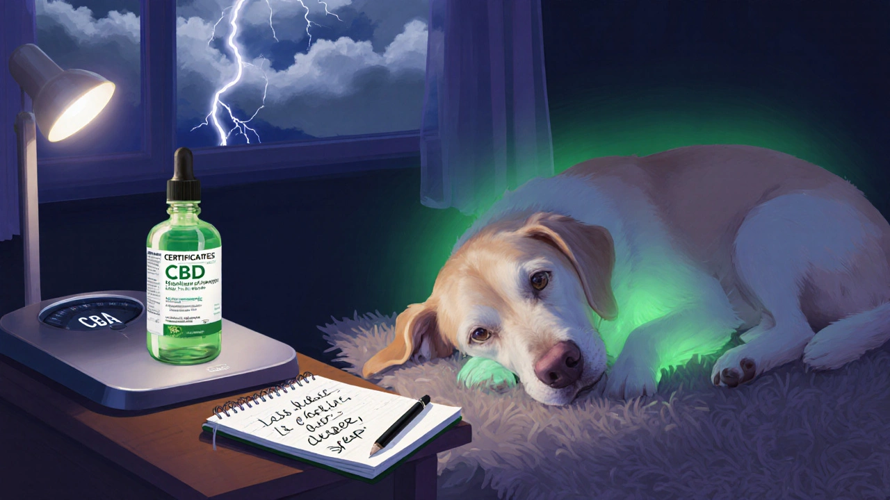 Pes klidně spí na koberci, kolem něj jemná zelená záře, na stole CBD olej a poznámky o jeho pokroku.