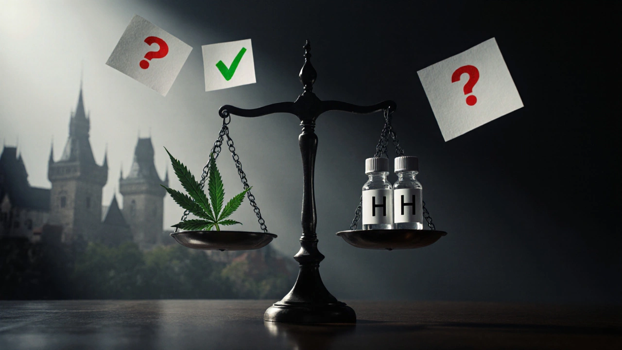 Právní váha s CBD na jedné straně a nejistými kanabinoidy H4 a HHC na druhé.