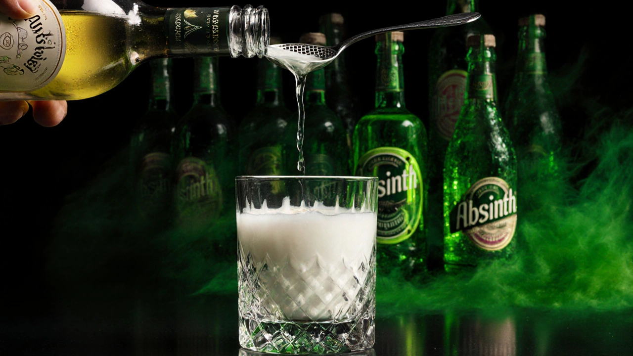 Průhledný absint při loučení, voda přetéká přes lžíci, zatímco za ním se téměř neviditelně těží falešné láhve.