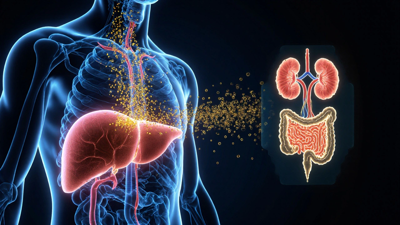 Průřez lidského těla s zlatými částicemi CBD uvolňujícími se z tukových tkání.