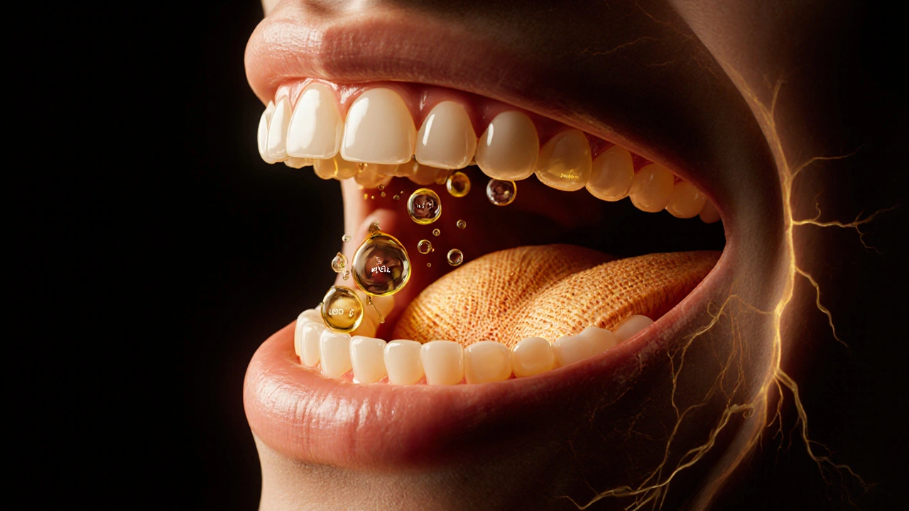 Průřez úst s CBD molekulami vstřebávanými skrze krevní cévy v dásních.