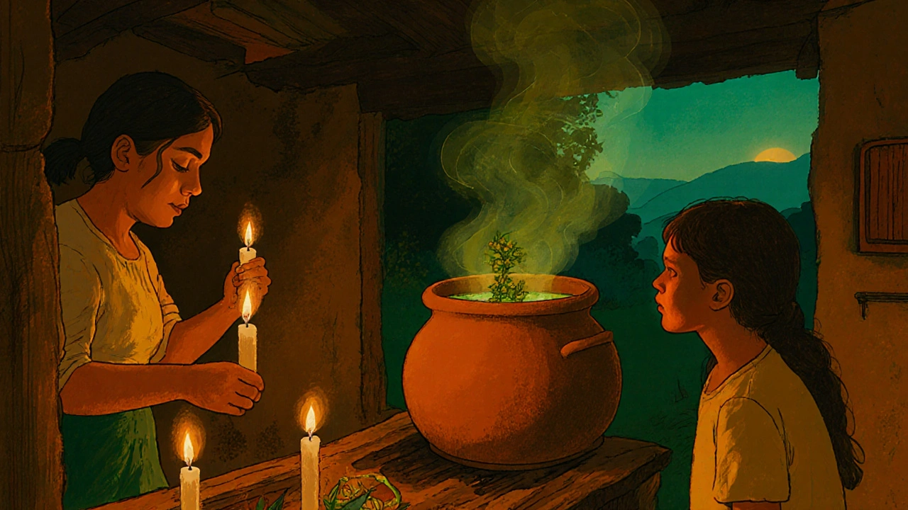 Rodina připravuje sladký bylinný nápoj z konopí v mexické kuchyni.