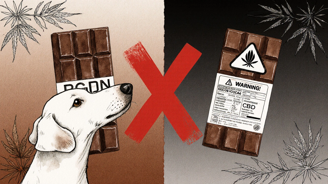 Rozdělená scéna: CBD čokoláda s varováním o nebezpečných přísadách pro psy jako xylitol a kakaové maso.