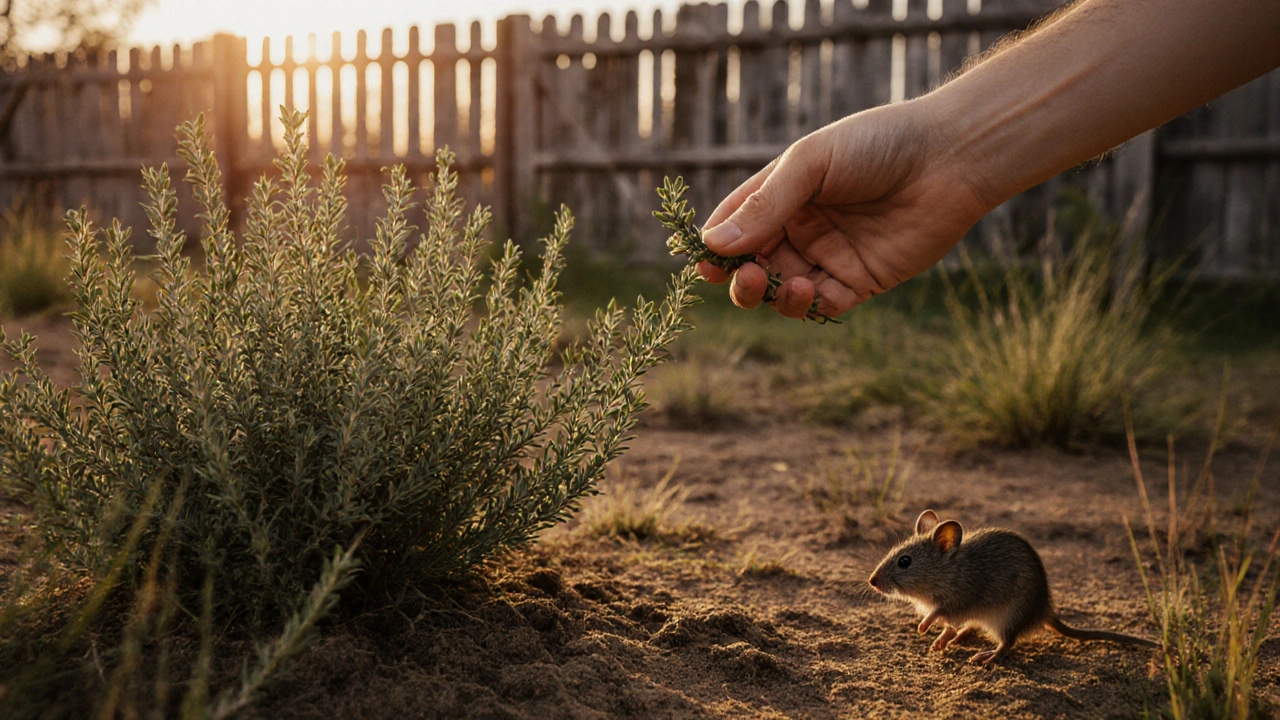 Rukou držený tymián, který odrazuje hlodavce v texaské zahradě.