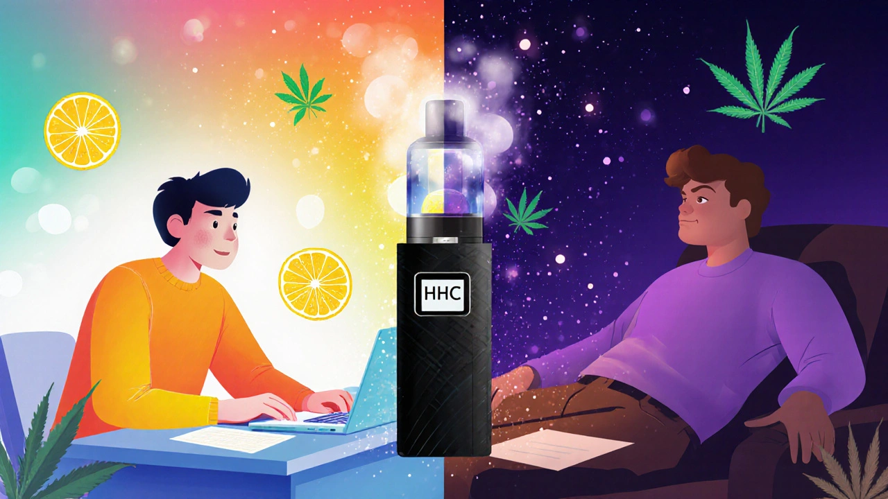 Split scene showing energized and calm effects of HHC through color and light.